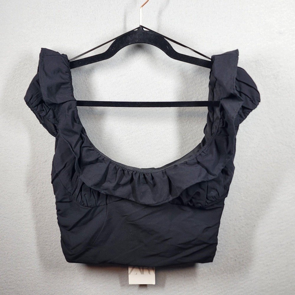 Zara Crop Top Womens XS Black Ruffle Sleeveless Blouse Square Neck New Tag
